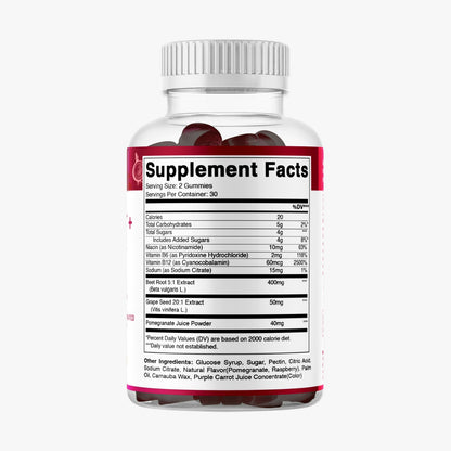 Vitamatic Beet Root Gummies with B6, B12, Grape Seed, Pomegranate & Nicotinamide – Plant-Based Extract – Vegan, Non-GMO – Botanical Supplement Gummies – 60 Count