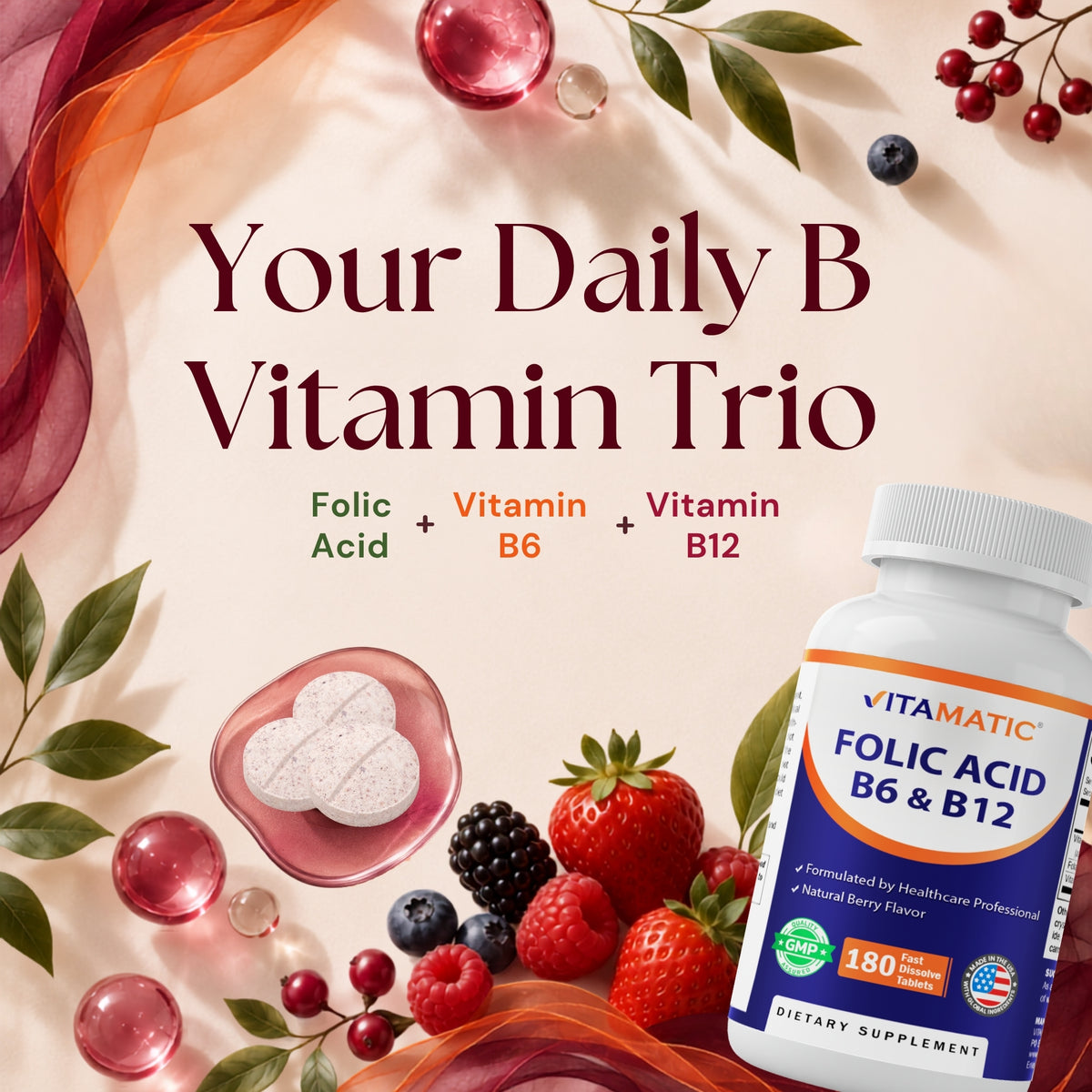 Vitamatic Folic Acid with B6 & B12, 180 Tablets