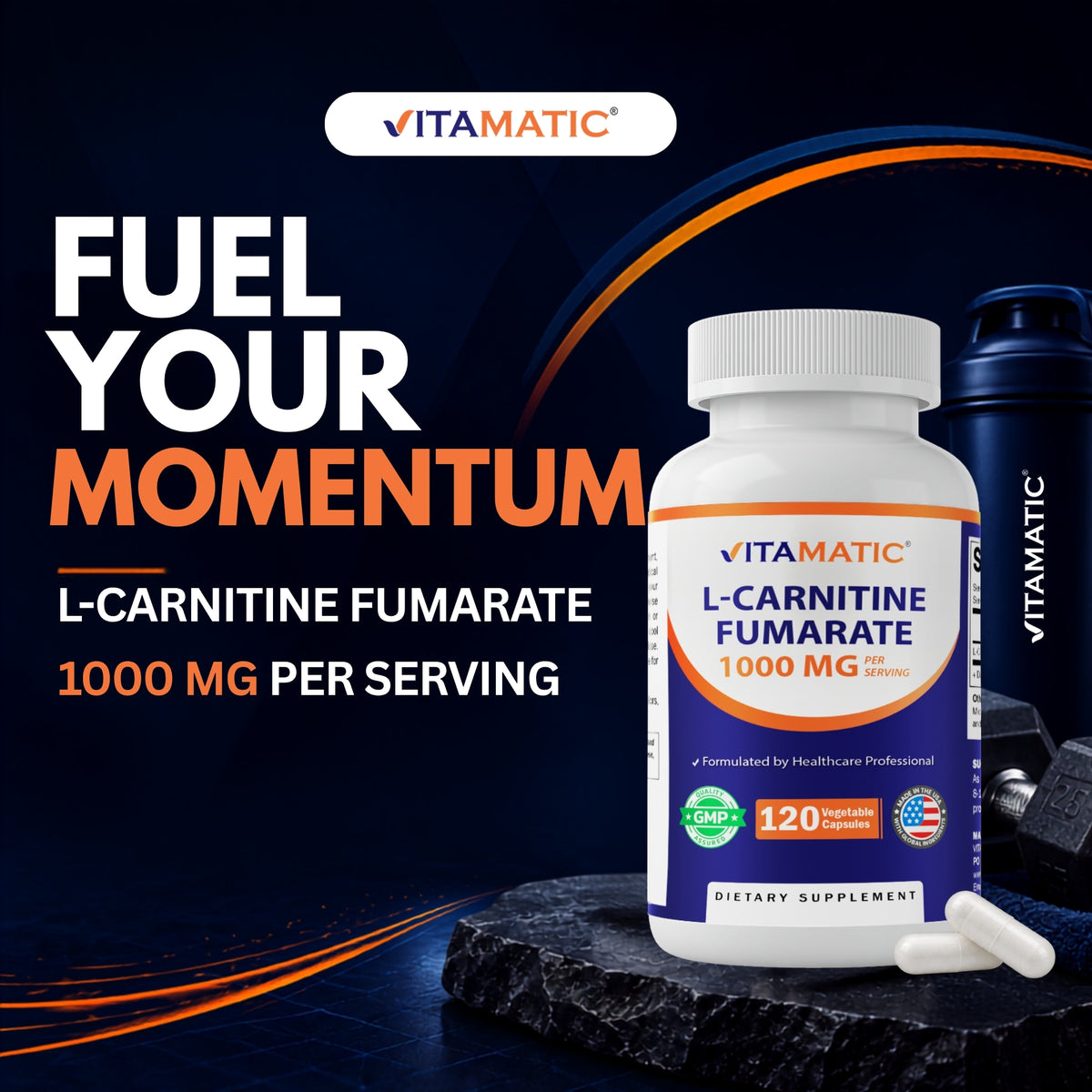 Vitamatic L-Carnitine Fumarate 1000mg, 120 Veg Capsules