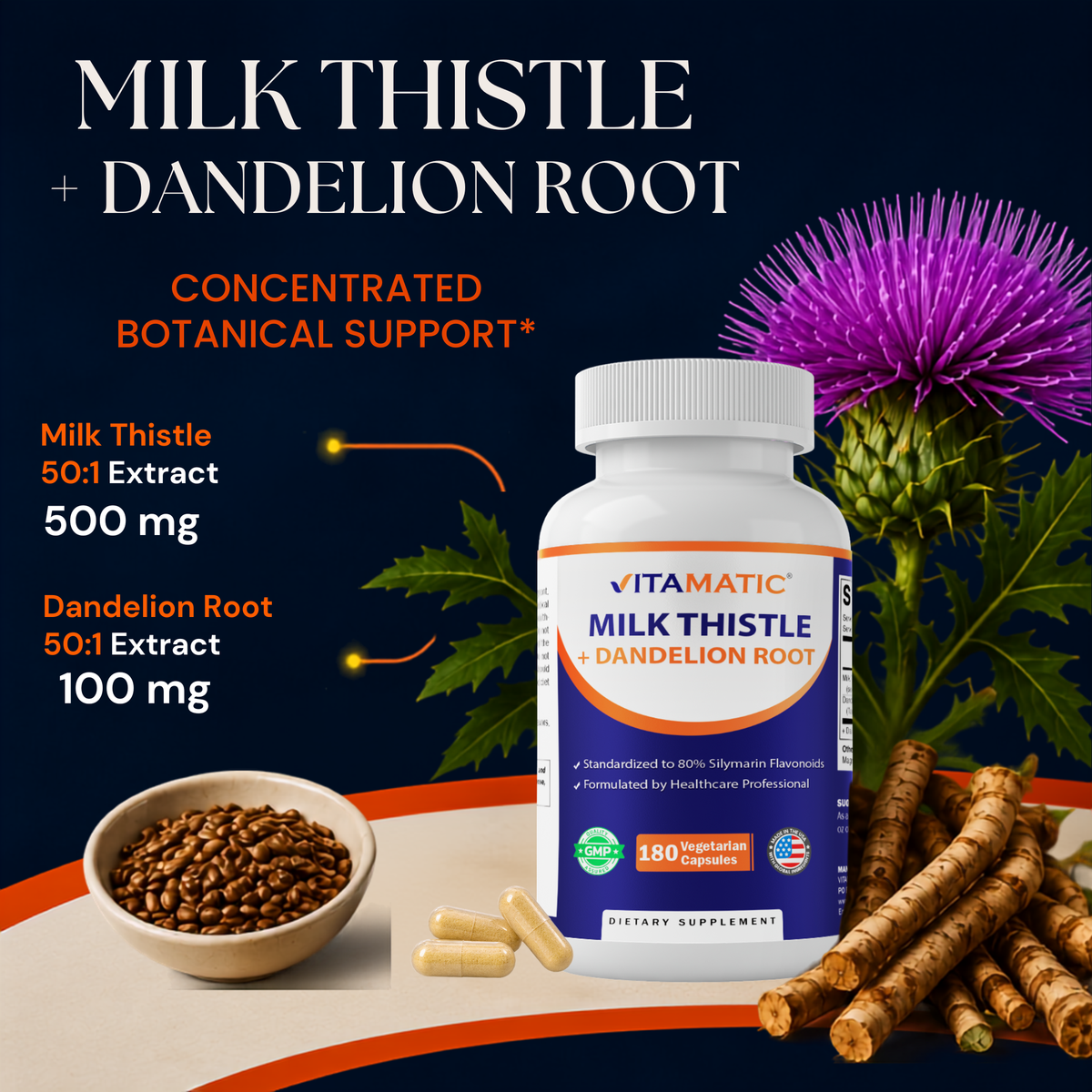 Vitamatic Milk Thistle + Dandelion Root, 180 Veg Capsules
