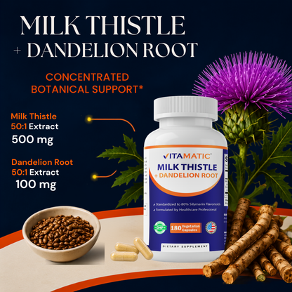 Vitamatic Milk Thistle + Dandelion Root, 180 Veg Capsules