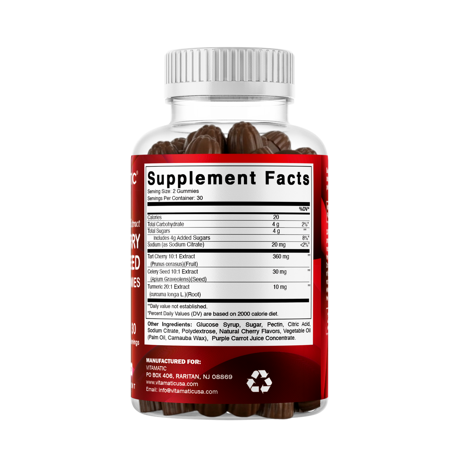 Vitamatic Tart Cherry (360 mg) with Celery Seed (30 mg) 10:1 Extract & Turmeric 20:1 Extract (10 mg) - (Per Serving/2 Gummies) - 60 Gummies