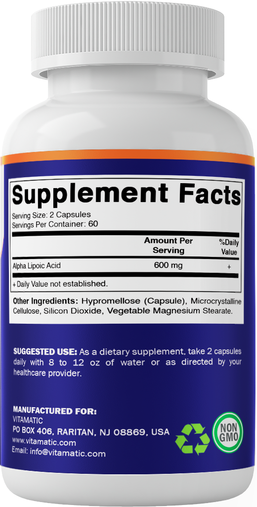 Back label showing Alpha Lipoic Acid Supplement Facts, suggested use, ingredients, and manufacturer information.