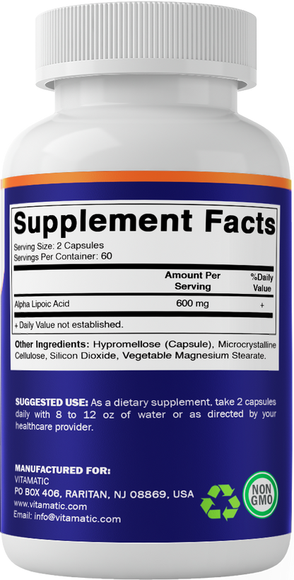 Back label showing Alpha Lipoic Acid Supplement Facts, suggested use, ingredients, and manufacturer information.