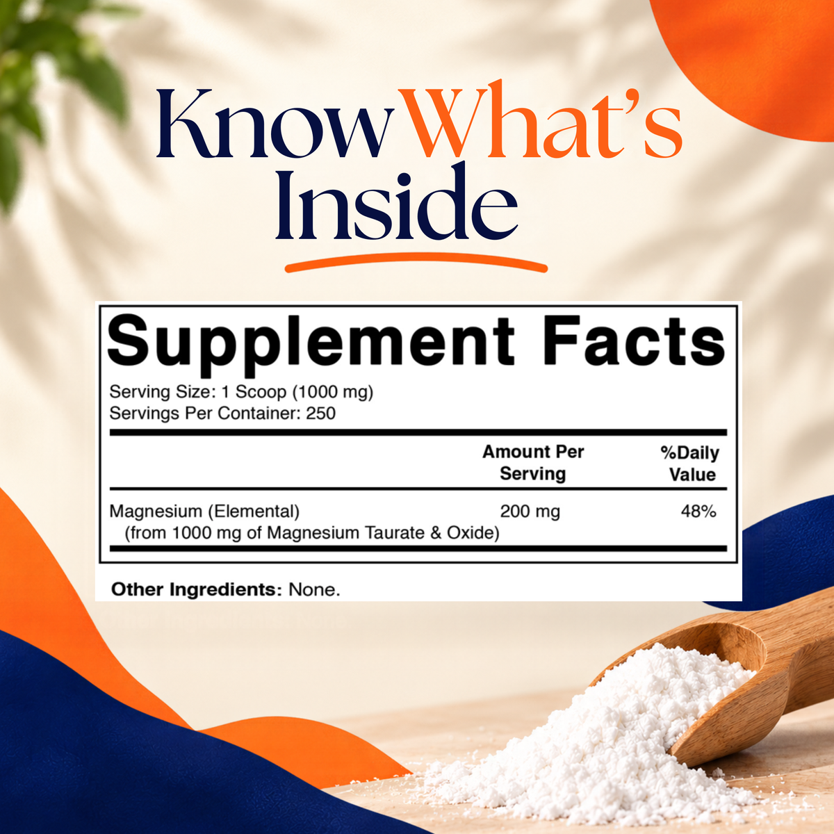 Magnesium Taurate Powder 1000 mg Per Serving, 250g Pouch