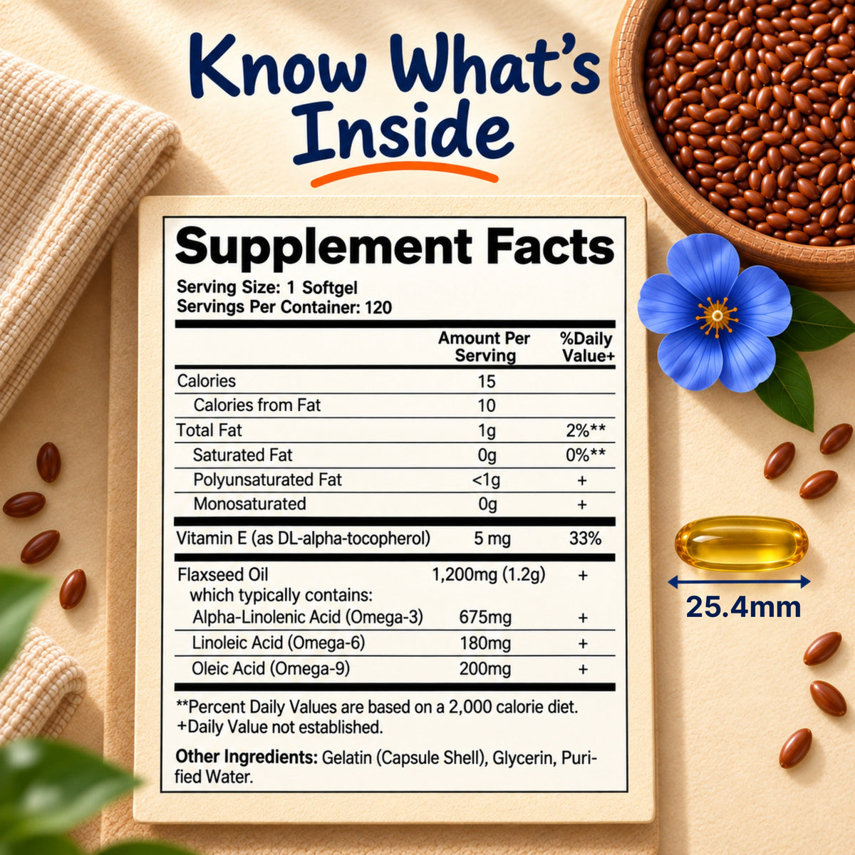 Flaxseed Oil 1200mg Supplement, 120 Softgels