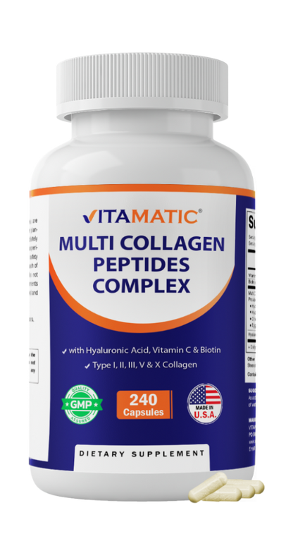 Vitamatic Multi Collagen Peptides Complex with Hyaluronic Acid, Vitamin C & Biotin, Types I, II, III, V & X Collagen, 240 Capsules