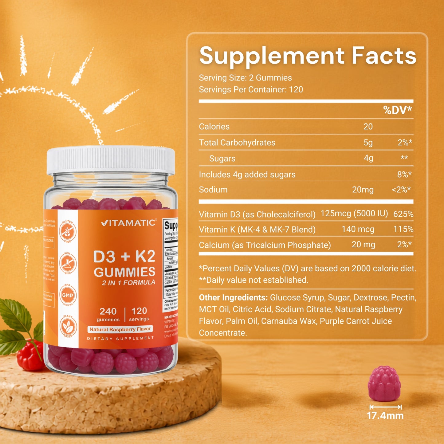 Vitamatic Vitamin D3 + K2 with Calcium Gummies, 240 Count