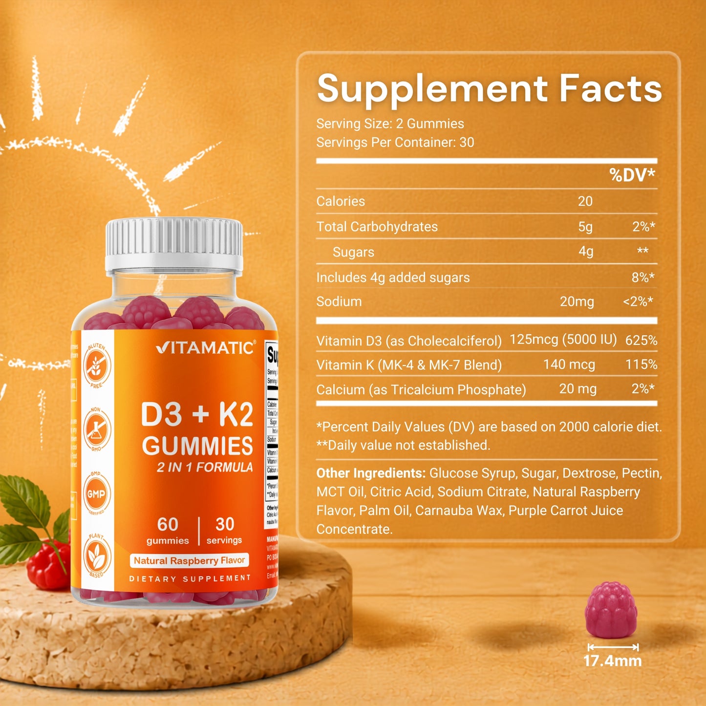 Vitamatic Vitamin D3 + K2 Gummies, 60 Gummies