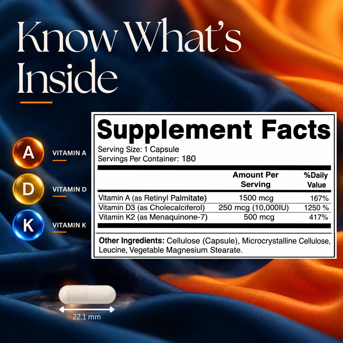 Vitamatic ADK Vitamins A, D3 + K2 Supplement, 180 Capsules