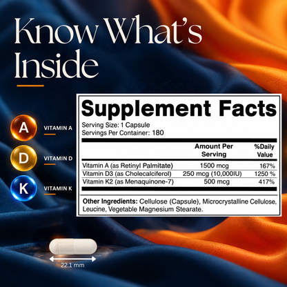 Vitamatic ADK Vitamins A, D3 + K2 Supplement, 180 Capsules