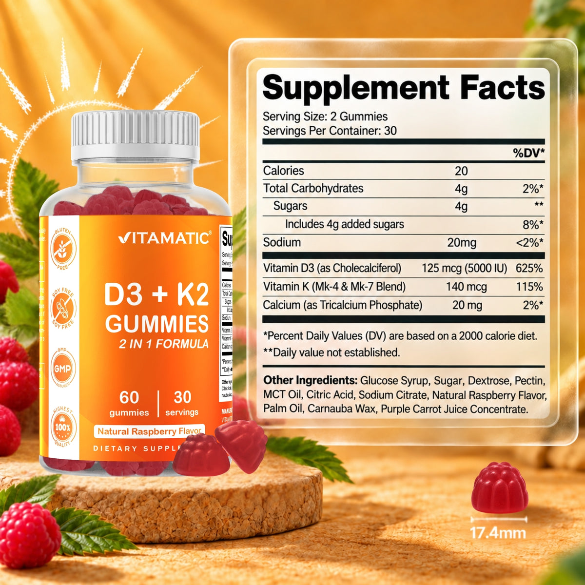 Vitamatic Vitamin D3 + K2 Gummies, 60 Gummies