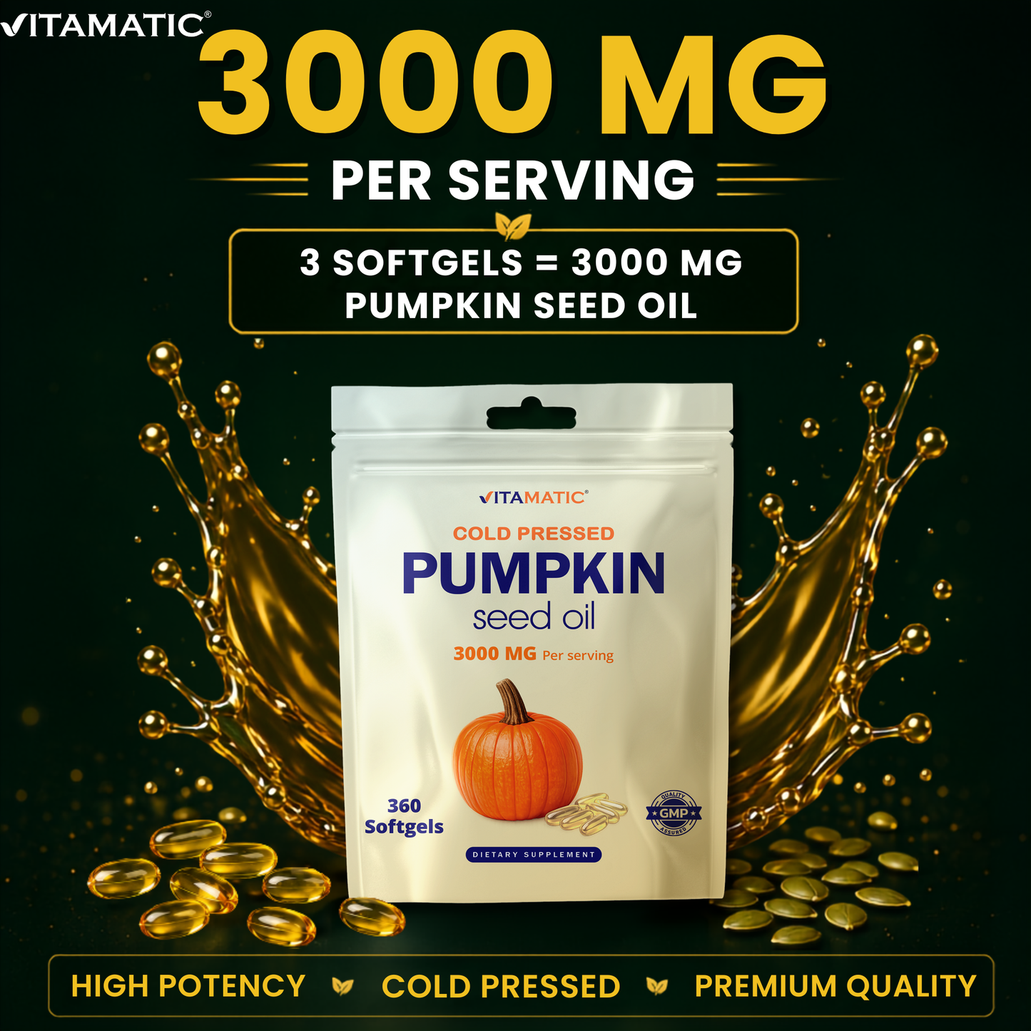Vitamatic Pumpkin Seed Oil 3000 mg per Serving, 360 Softgels – Cold Pressed Supplement, Non-GMO, Gluten Free