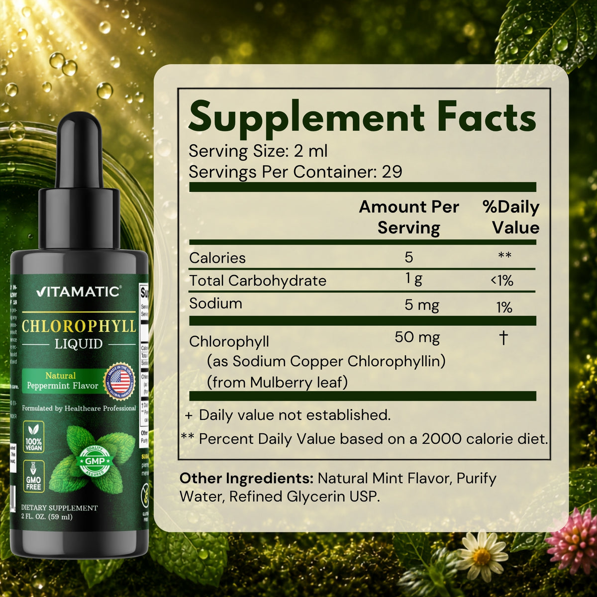 Vitamatic Liquid Chlorophyll 50mg, Natural Peppermint Flavor, 2 Fl OZ