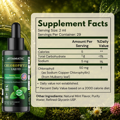 Vitamatic Liquid Chlorophyll 50mg, Natural Peppermint Flavor, 2 Fl OZ