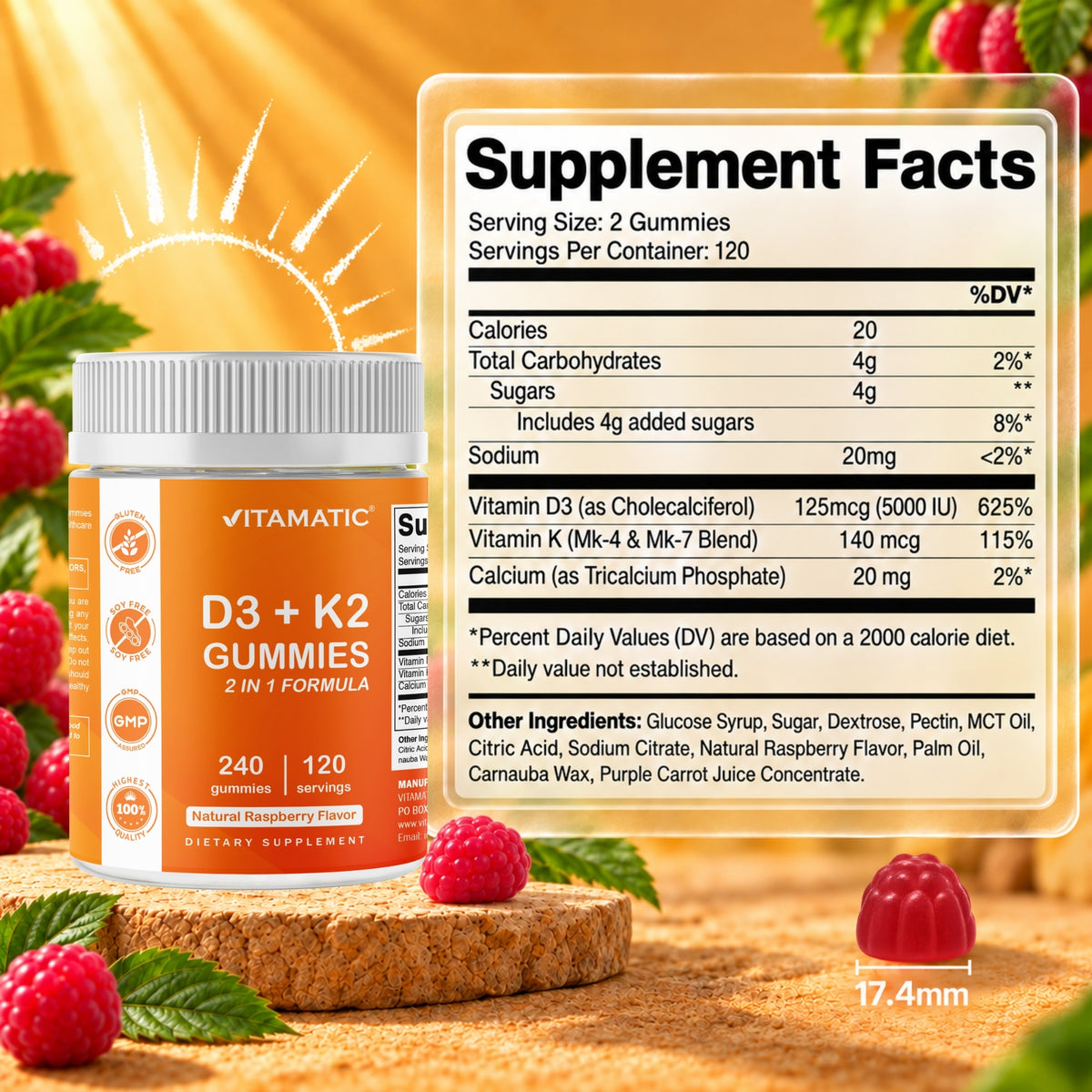 Vitamatic Vitamin D3 + K2 with Calcium Gummies, 240 Count