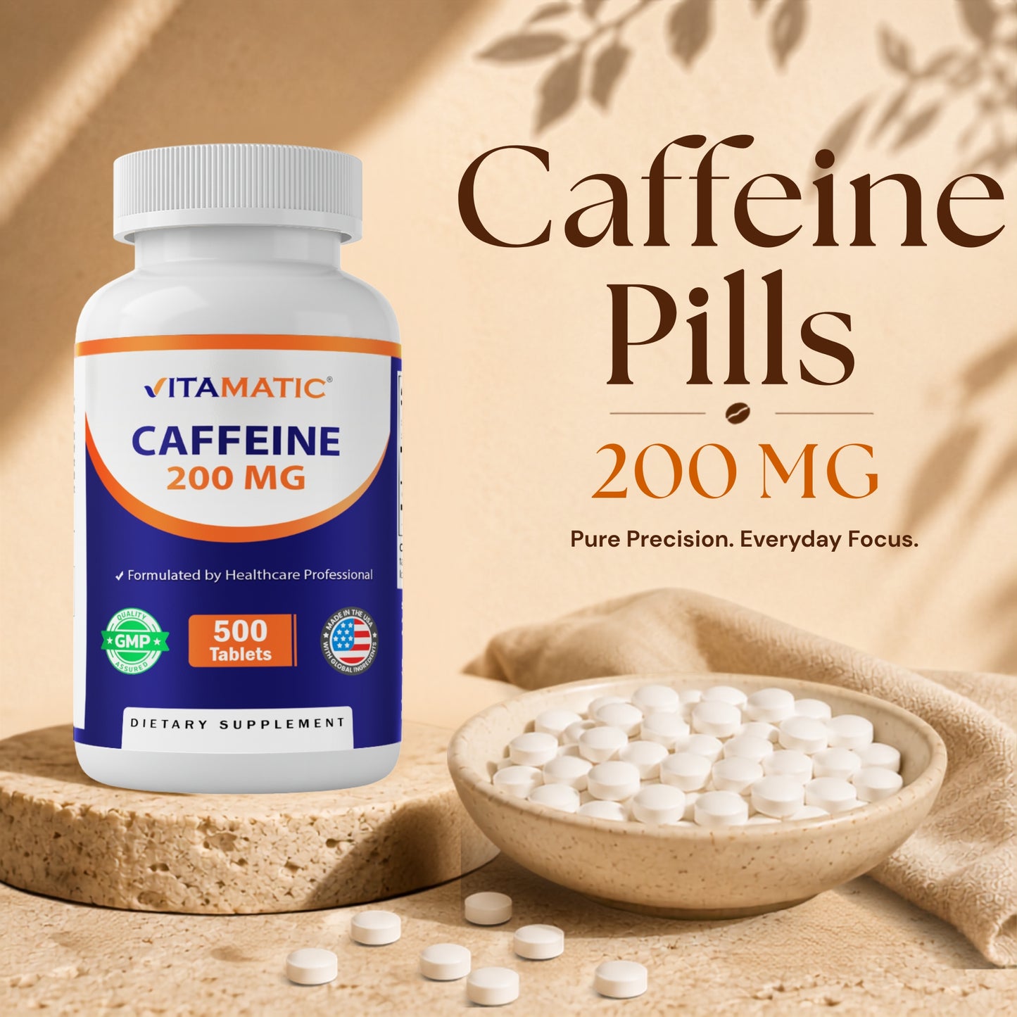Vitamatic Caffeine Pills 200mg, 500 Vegetarian Tablets