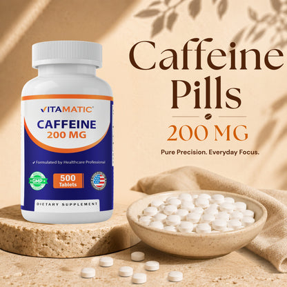 Vitamatic Caffeine Pills 200mg, 500 Vegetarian Tablets