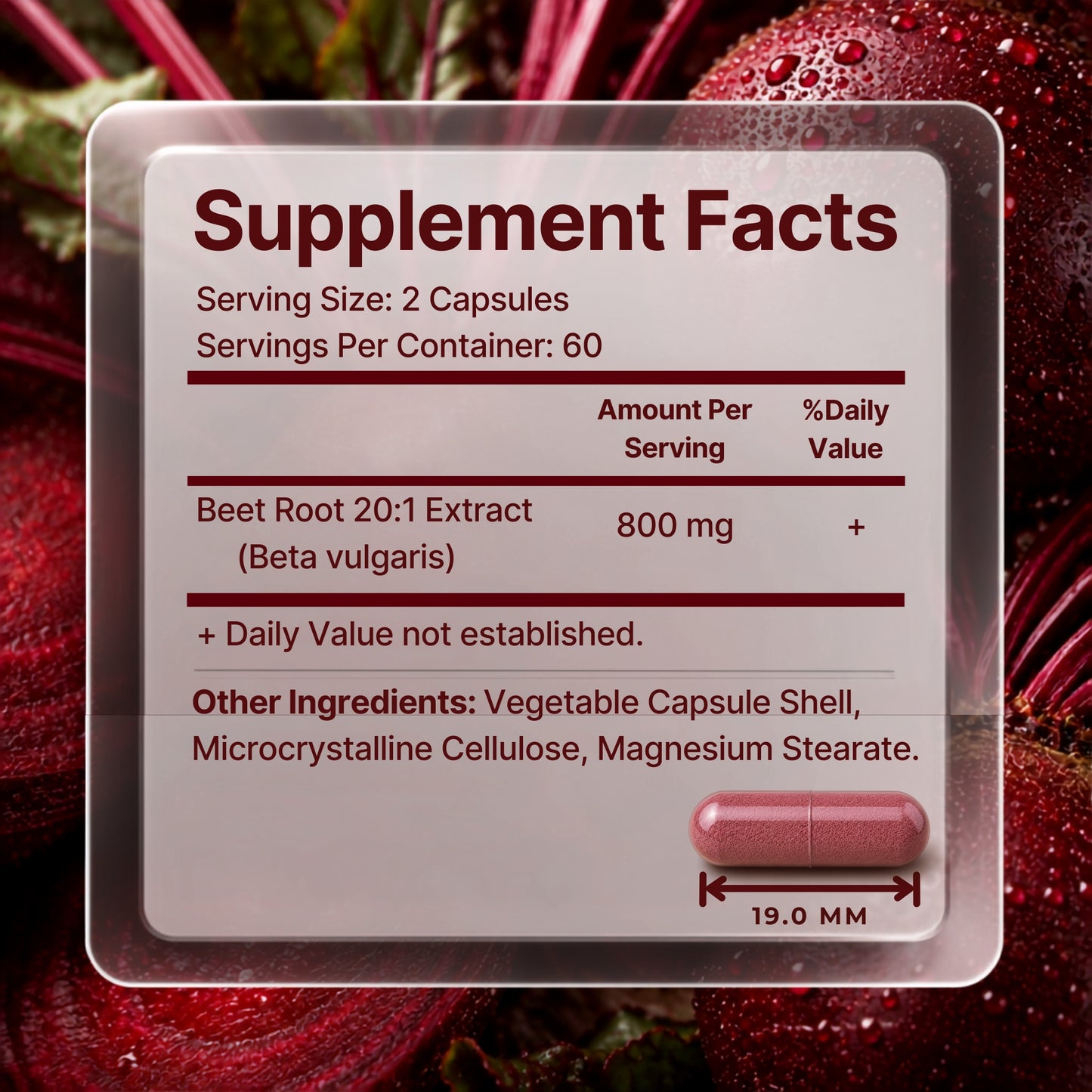 Vitamatic Beet Root 20:1 Extract Supplement Facts – 800 mg per serving and 60 servings
