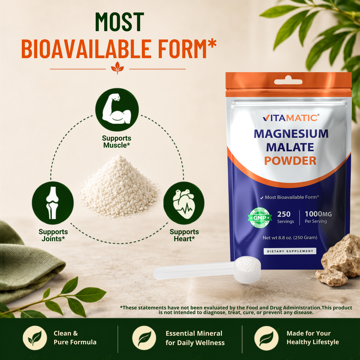 Vitamatic Magnesium Malate Powder 1000mg Per Serving, 250g Pouch