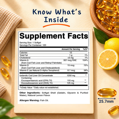 Icelandic Cod Liver Oil 1250mg Softgels