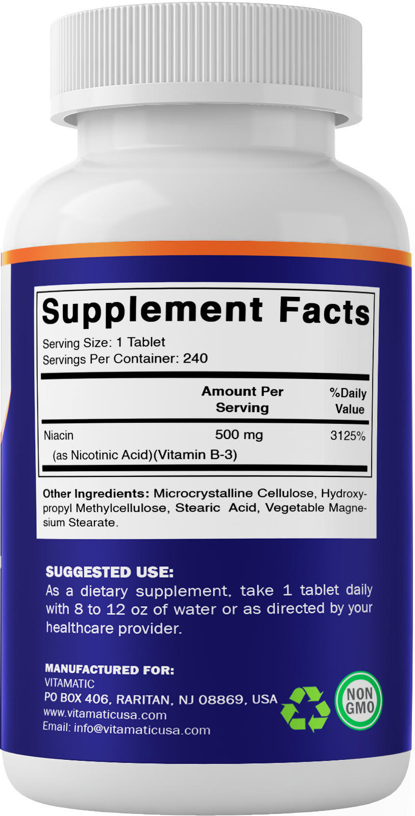 Back label of Vitamatic Vitamin B3 Niacin 500 mg showing Supplement Facts, suggested use, ingredients, and Non-GMO certification.