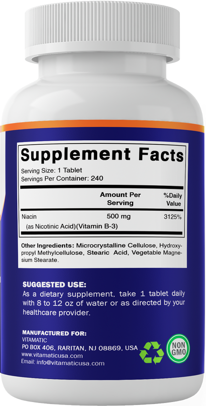 Back label of Vitamatic Vitamin B3 Niacin 500 mg showing Supplement Facts, suggested use, ingredients, and Non-GMO certification.