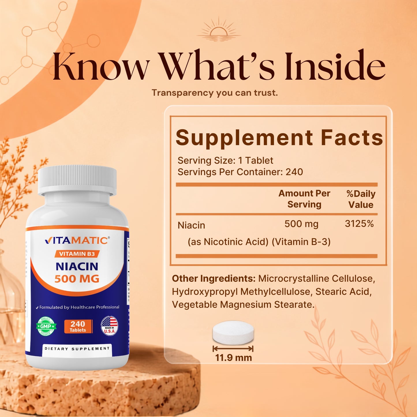 Back label of Vitamatic Vitamin B3 Niacin 500 mg showing Supplement Facts, suggested use, ingredients, and Non-GMO certification.