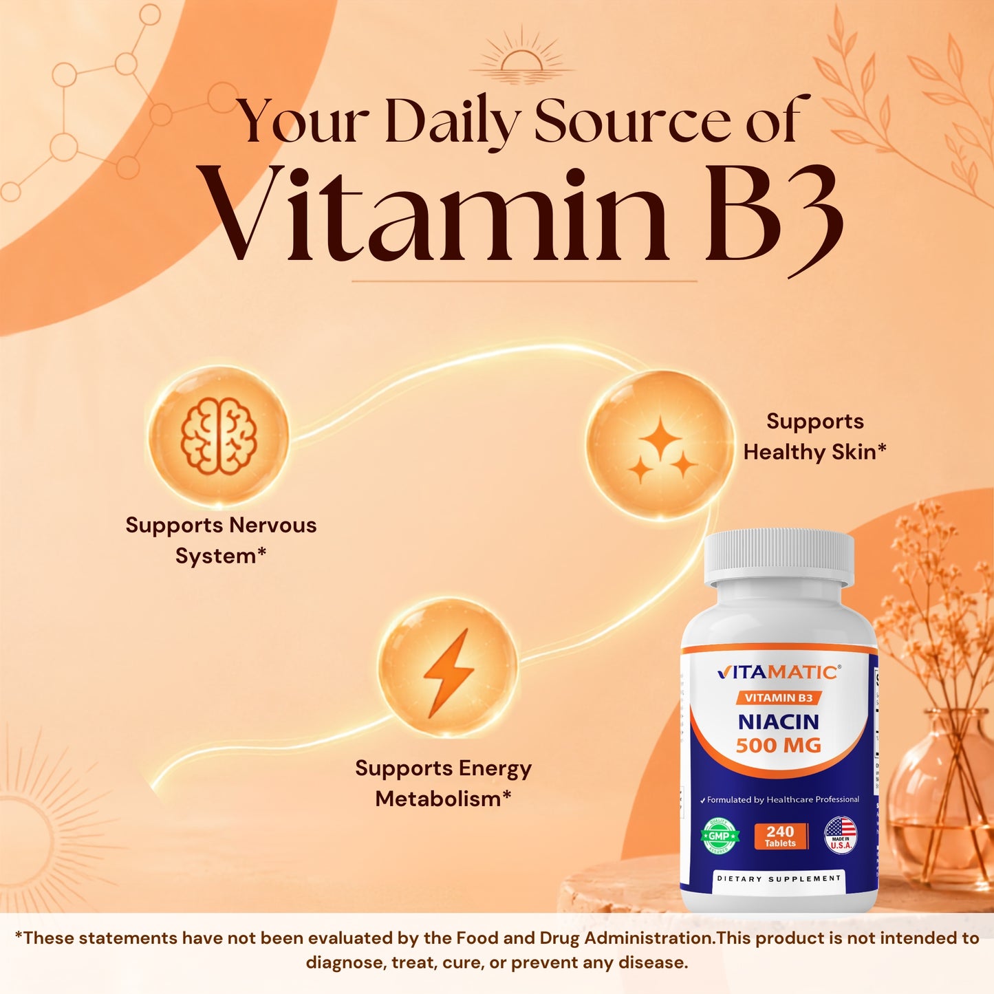 Vitamin B3 Niacin 500 mg supplement highlighting support for nervous system health, energy metabolism, and healthy skin.