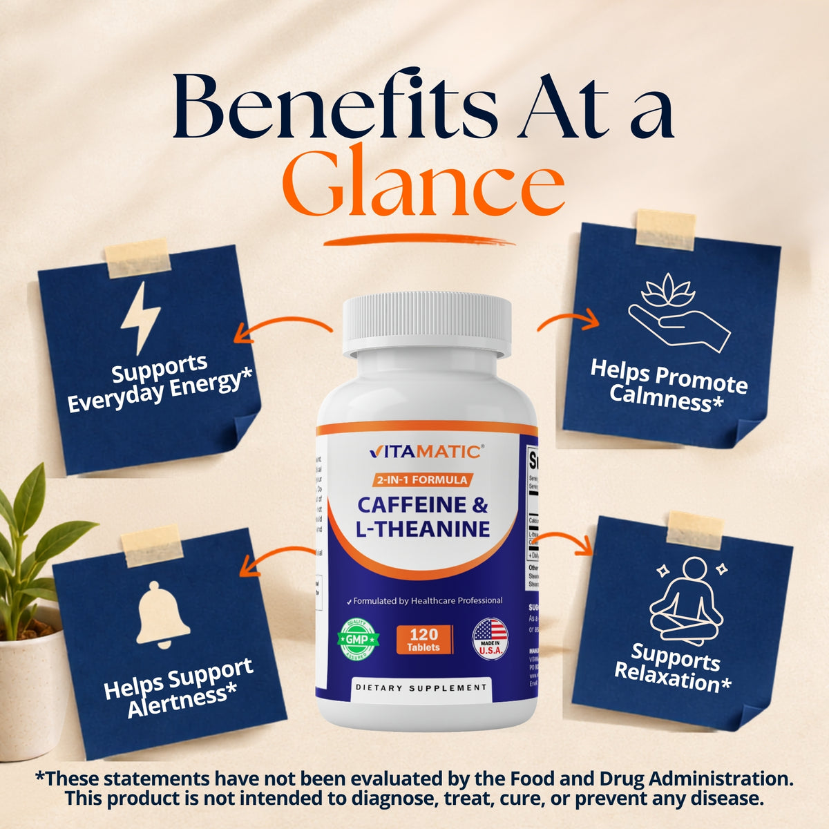 Vitamatic L-Theanine 200mg + Caffeine 100mg, 120 Tablets