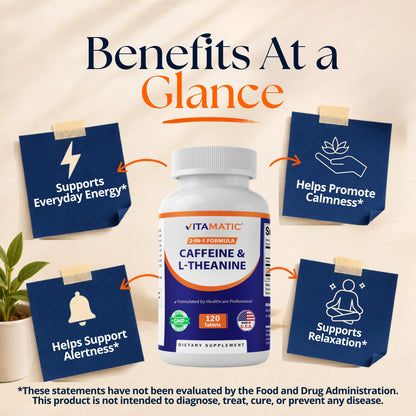 Vitamatic L-Theanine 200mg + Caffeine 100mg, 120 Tablets
