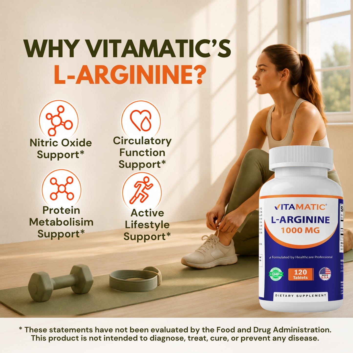 Vitamatic L-Arginine 1000 mg Tablets – 120 Count – Amino Acid Supplement