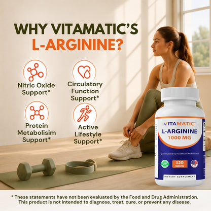 Vitamatic L-Arginine 1000 mg Tablets – 120 Count – Amino Acid Supplement