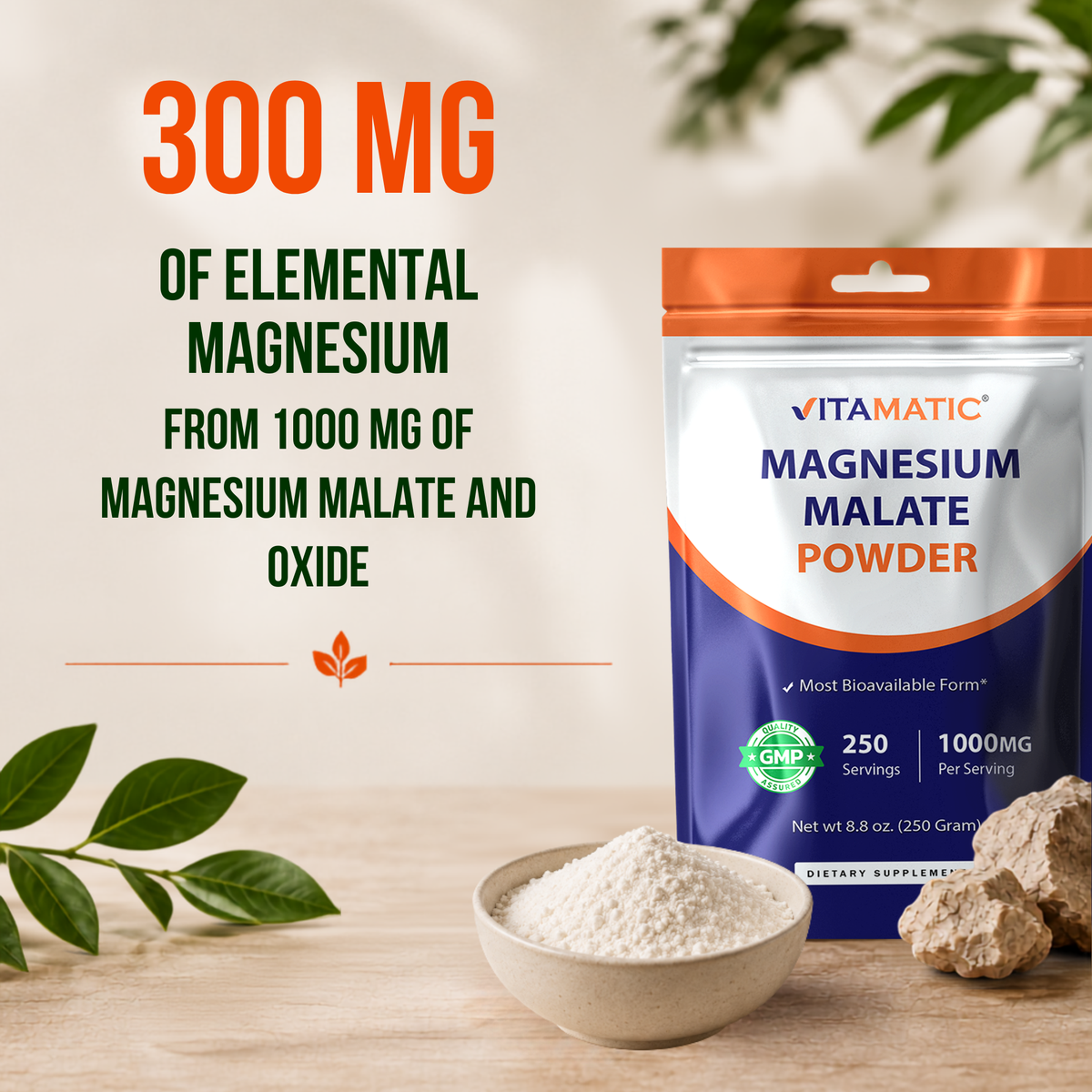 Vitamatic Magnesium Malate Powder 1000mg Per Serving, 250g Pouch