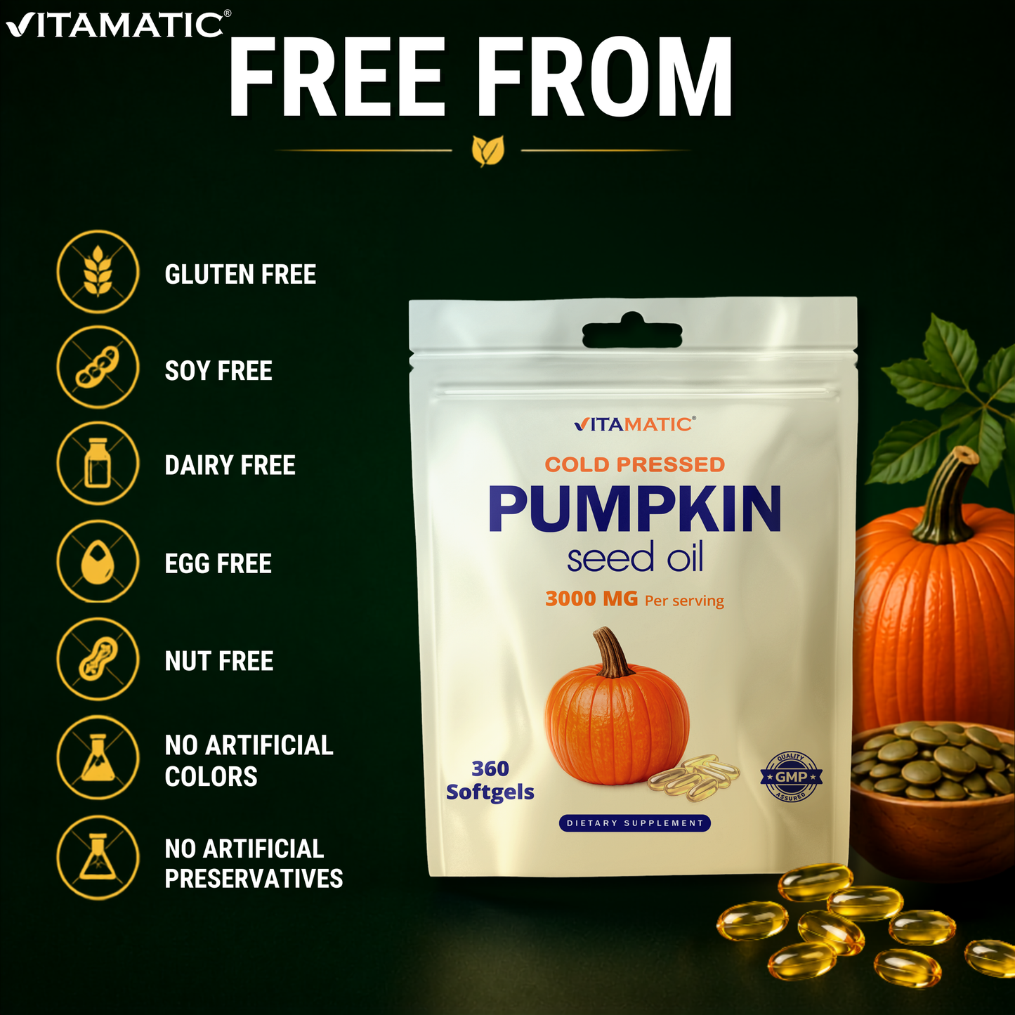 Vitamatic Pumpkin Seed Oil 3000 mg per Serving, 360 Softgels – Cold Pressed Supplement, Non-GMO, Gluten Free