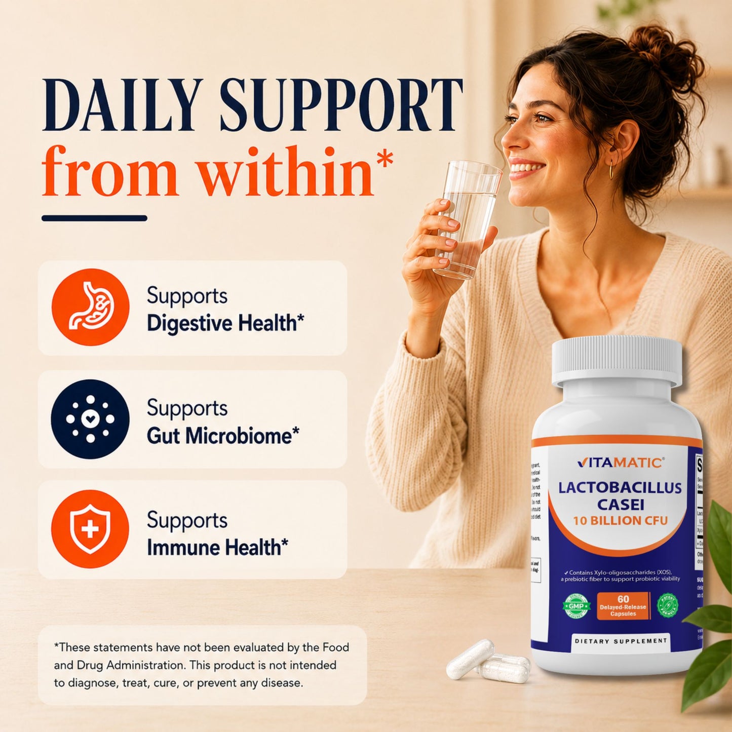 Vitamatic Lactobacillus Casei 10 Billion CFU with XOS Prebiotic, 60 Delayed Release Capsules