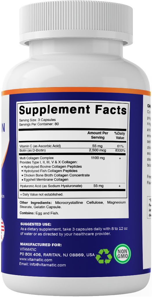 Vitamatic Multi Collagen Peptides Complex with Hyaluronic Acid, Vitamin C & Biotin, Types I, II, III, V & X Collagen, 240 Capsules