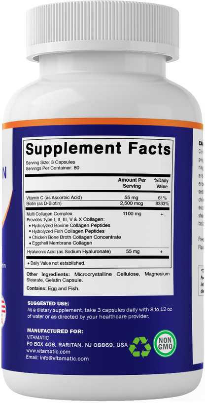 Vitamatic Multi Collagen Peptides Complex with Hyaluronic Acid, Vitamin C & Biotin, Types I, II, III, V & X Collagen, 240 Capsules