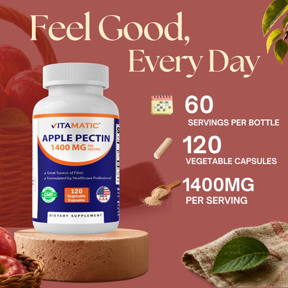 Vitamatic Apple Pectin 1400 mg supplement bottle highlighting 60 servings, 120 vegetable capsules, and 1400 mg per serving.