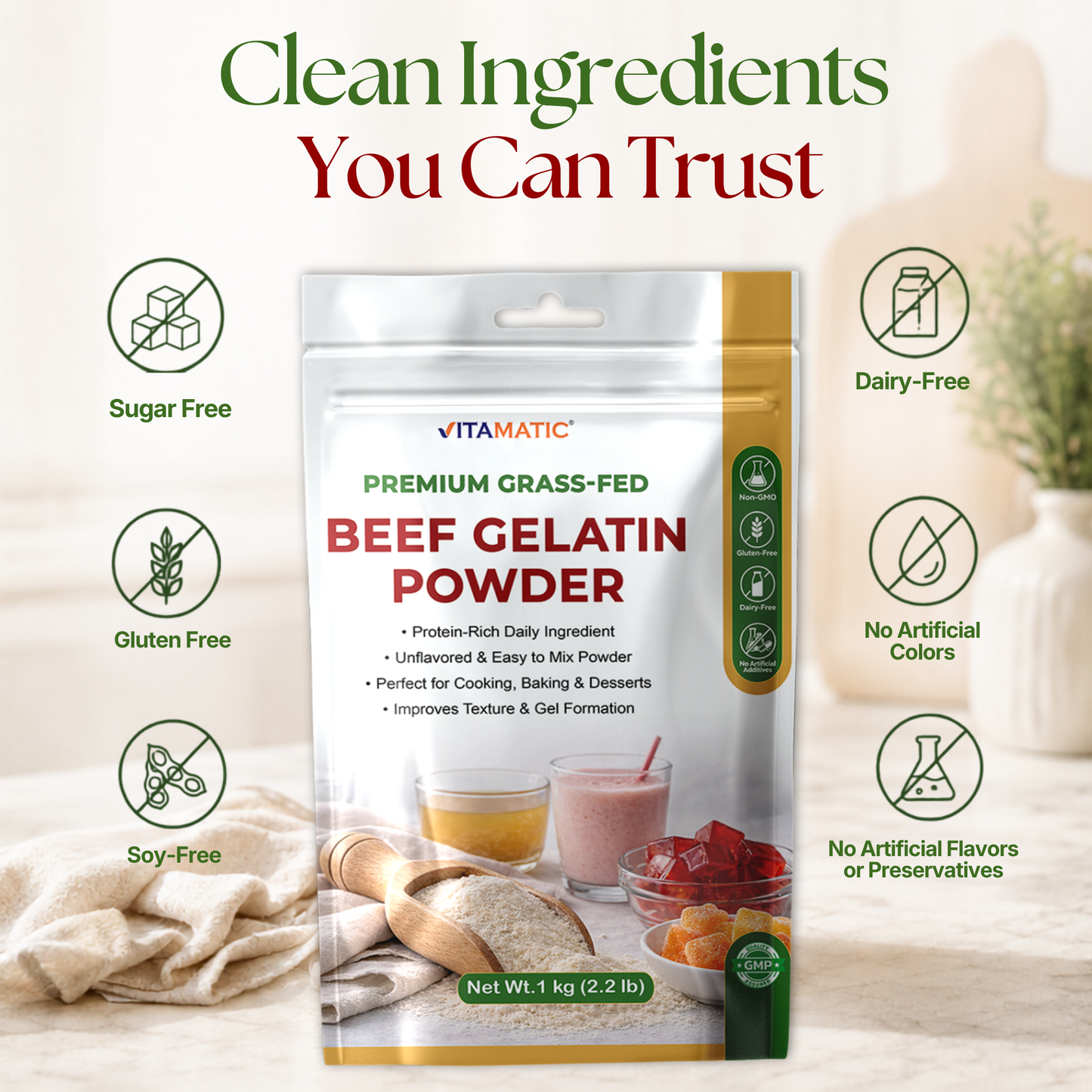 Vitamatic Grass-Fed Beef Gelatin Powder, 1 kg (2.2 lb)