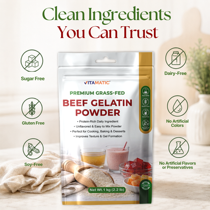 Vitamatic Grass-Fed Beef Gelatin Powder, 1 kg (2.2 lb)