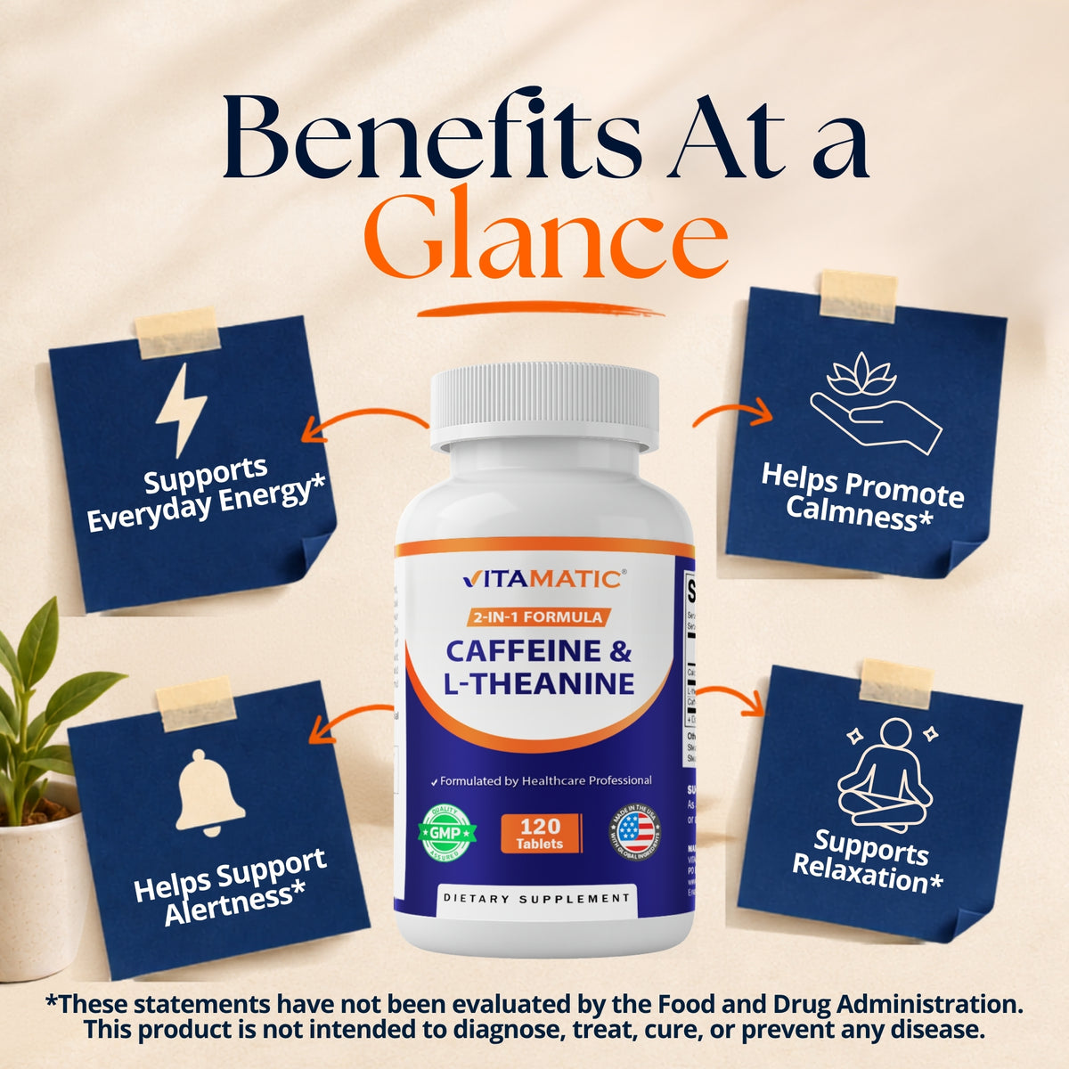 L-Theanine 200mg + Caffeine 100mg, 120 Tablets