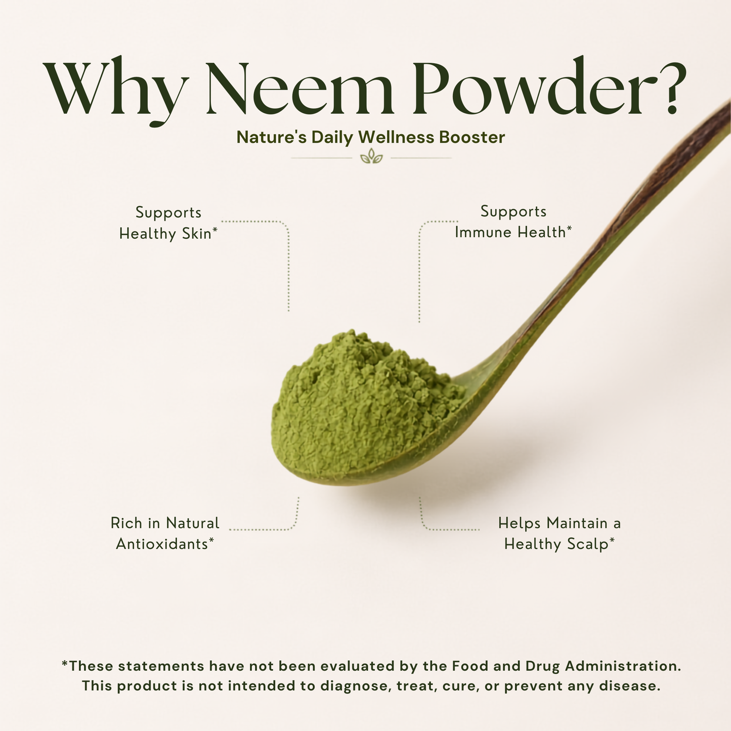 Organic Neem Powder highlighting support for healthy skin, immune health, antioxidant activity, and scalp wellness.*