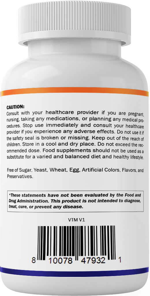 Back label with safety warnings, storage instructions, free-from statement, FDA disclaimer, and product barcode.