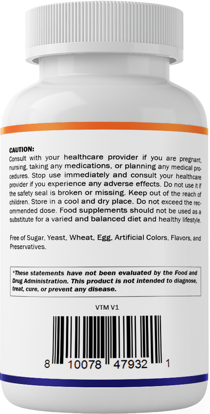 Back label with safety warnings, storage instructions, free-from statement, FDA disclaimer, and product barcode.