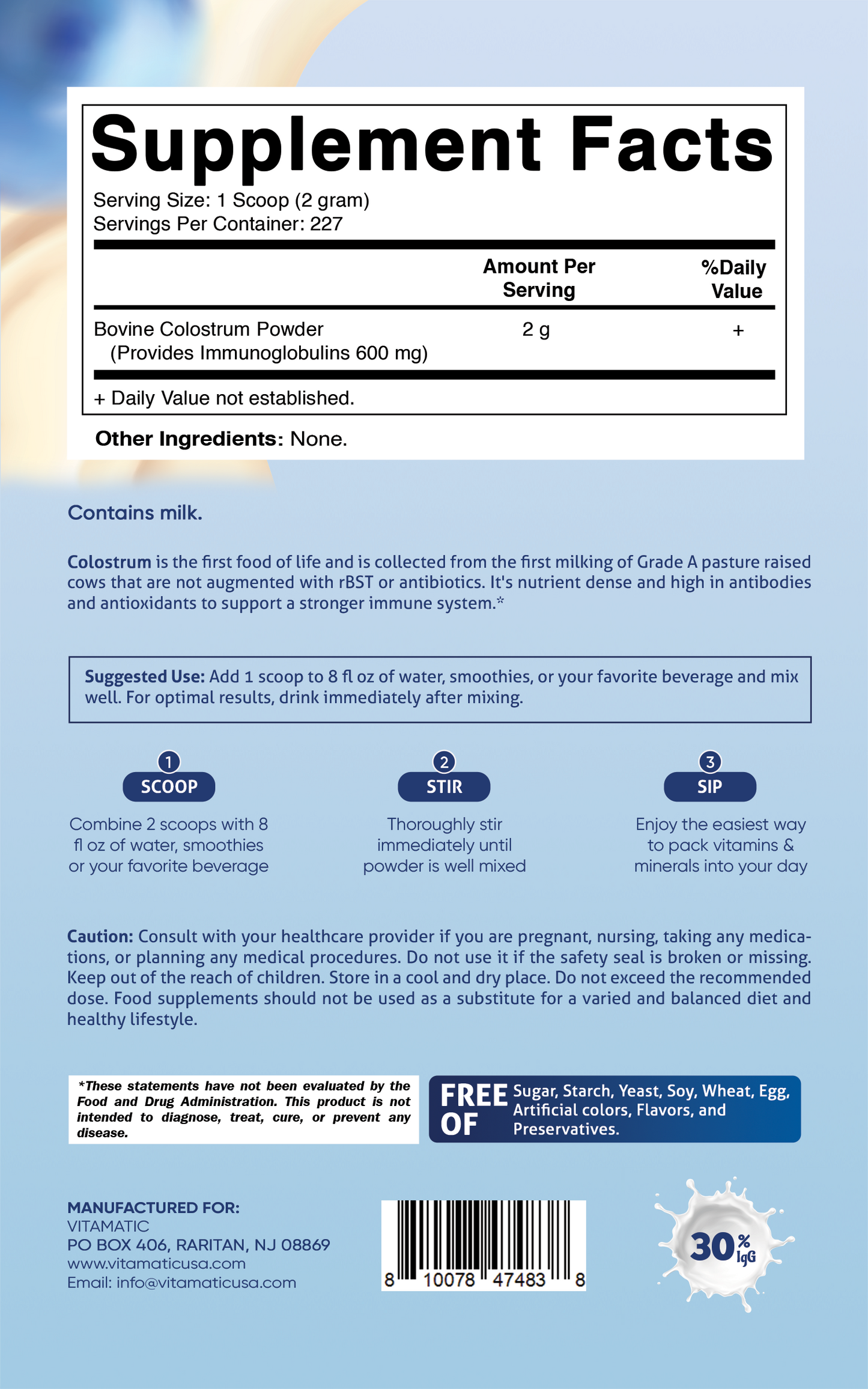 Bovine Colostrum Powder 16 0Z - 227 Servings (Unflavored)