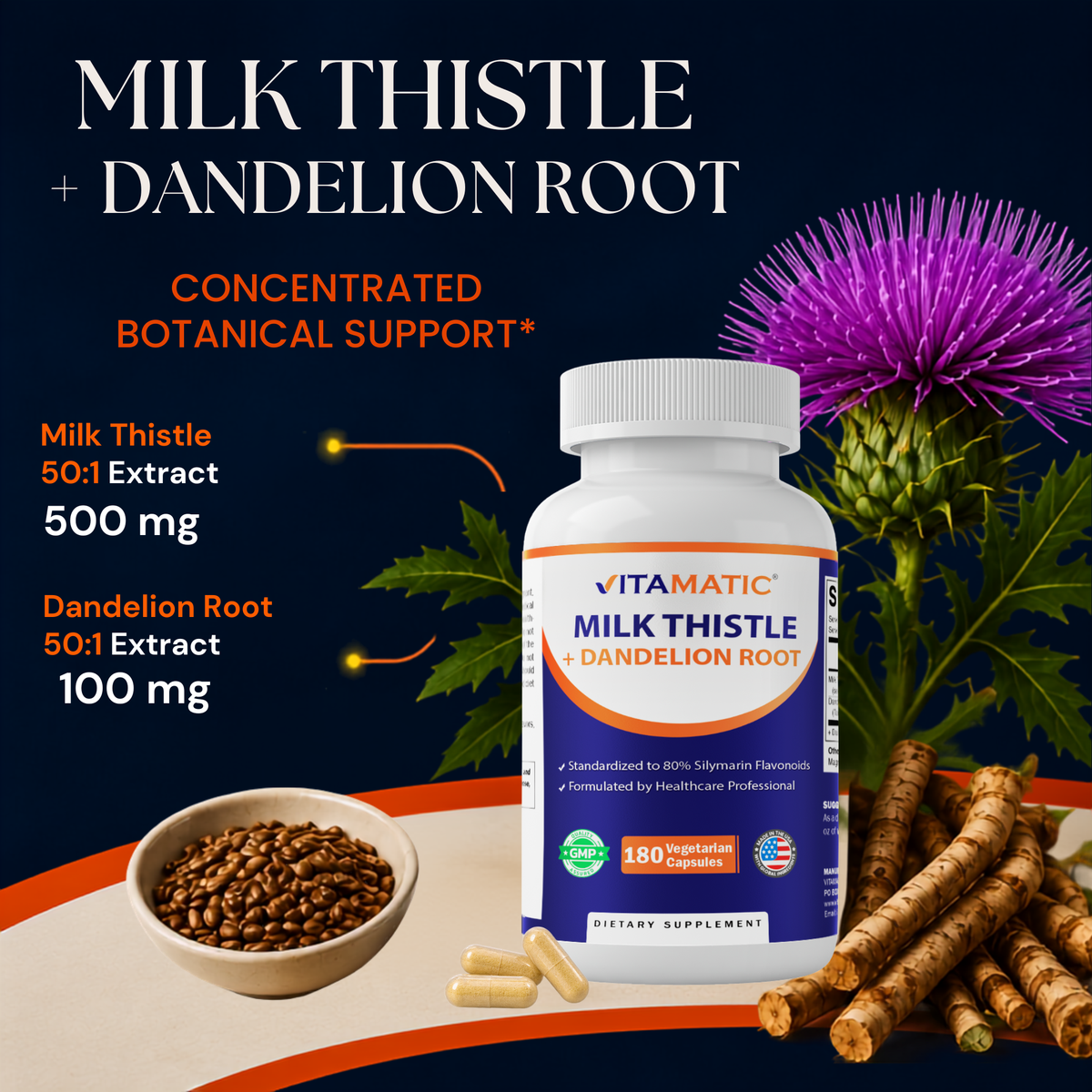 Vitamatic Milk Thistle + Dandelion Root, 180 Veg Capsules