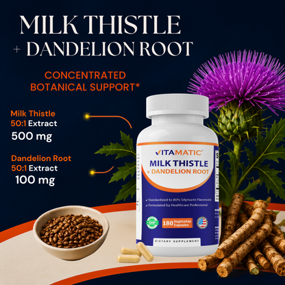 Vitamatic Milk Thistle + Dandelion Root, 180 Veg Capsules