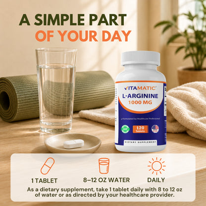 Vitamatic L-Arginine 1000 mg Tablets – 120 Count – Amino Acid Supplement
