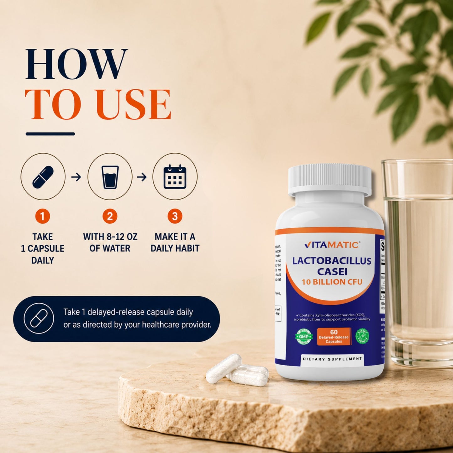 Vitamatic Lactobacillus Casei 10 Billion CFU with XOS Prebiotic, 60 Delayed Release Capsules